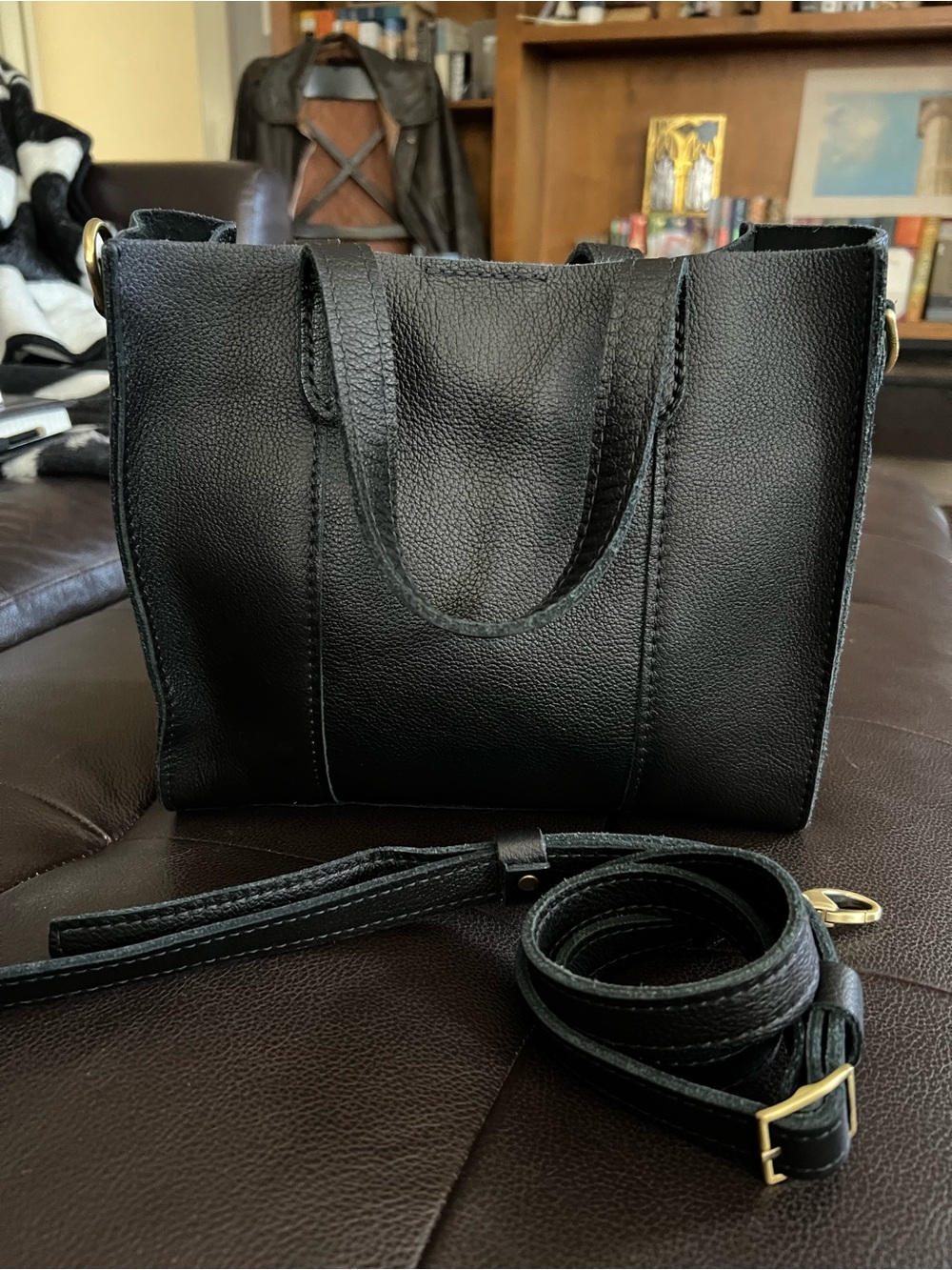 Portland Leather Black Pebble Lola Crossbody Tote with Removable Strap - Picture 3 of 10